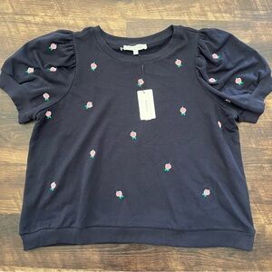 NWT Chelsea &Theodore pink floral puff sleeve coquette sweatshirt 2X plus navy